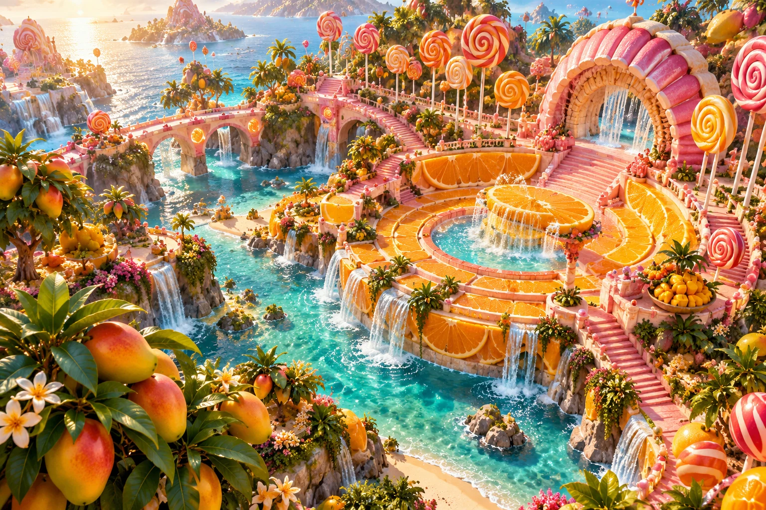 Citrus amphitheatre in Buretalon's illustrated fruit and confectionery world